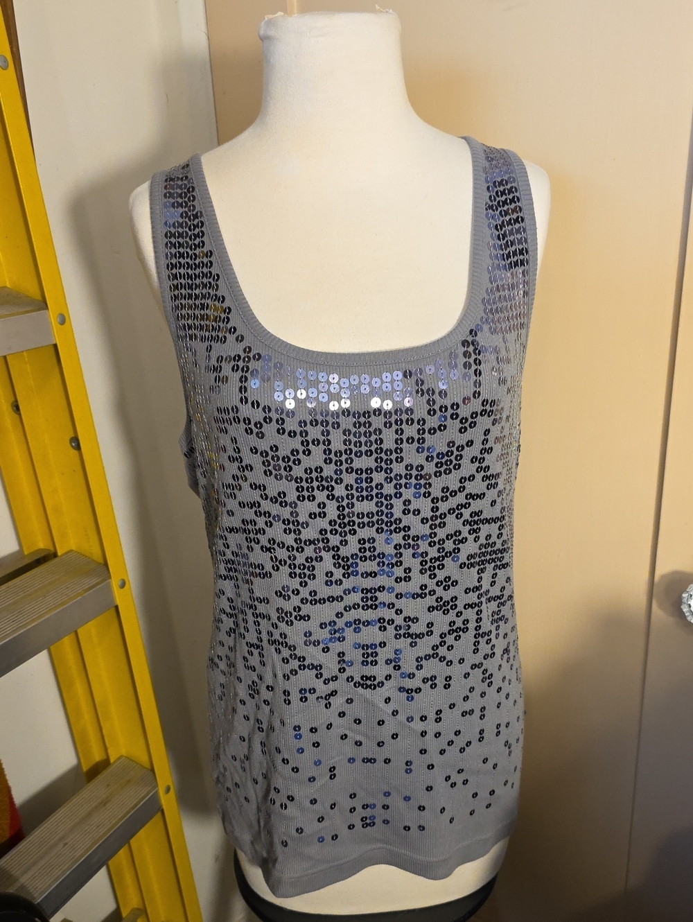 Apostrophe Silver Sequin Scoop Neck Tank